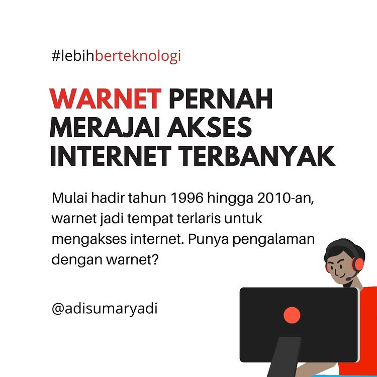A..Ada yang kosong? ..Ya Warnet pernah menjadi raja pengakses terbanyak internet selain kantor.
.
Di tempat teman-teman masih ada warnet?
.
#lebihberteknologi #warnet #warunginternet #internet #sejarahinternet #indonesia